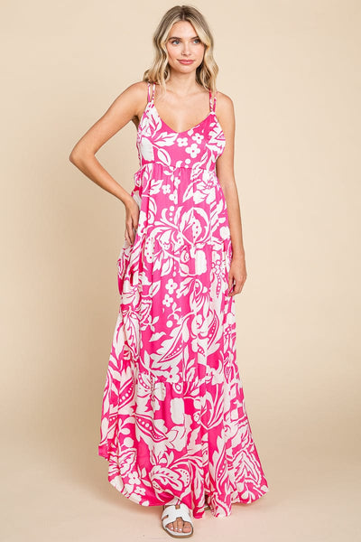 Tropical Print Tiered Satin Maxi Sundress