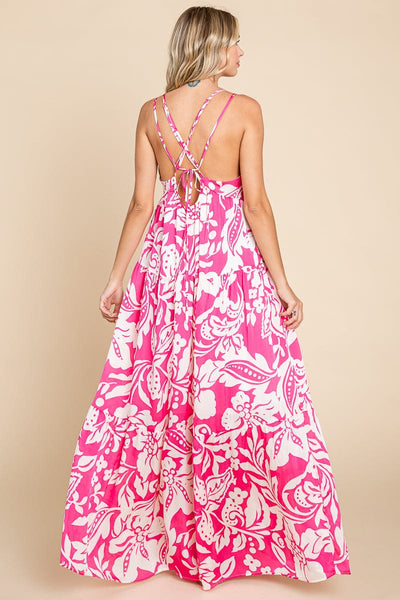 Tropical Print Tiered Satin Maxi Sundress