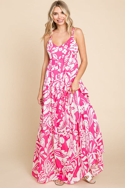 Tropical Print Tiered Satin Maxi Sundress