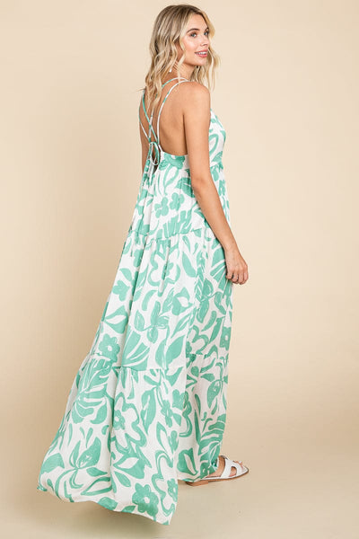 Tropical Print Tiered Satin Maxi Sundress