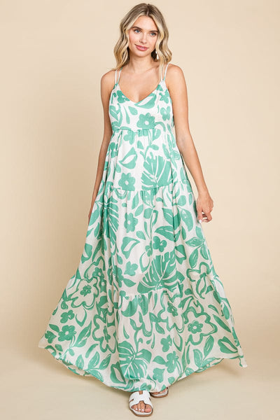 Tropical Print Tiered Satin Maxi Sundress