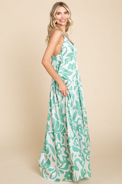 Tropical Print Tiered Satin Maxi Sundress