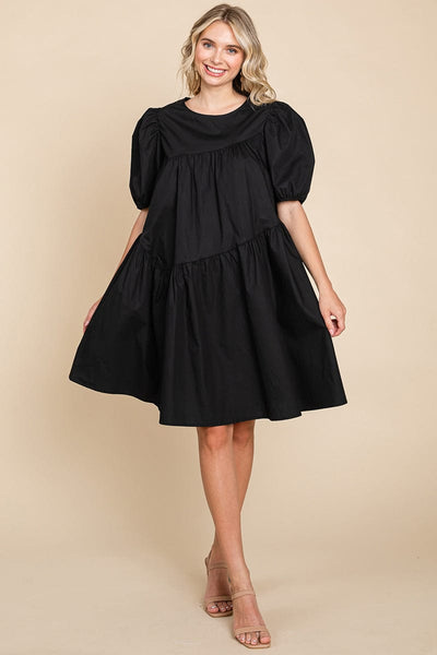 Poplin Puff Sleeve Tiered Cotton Dress