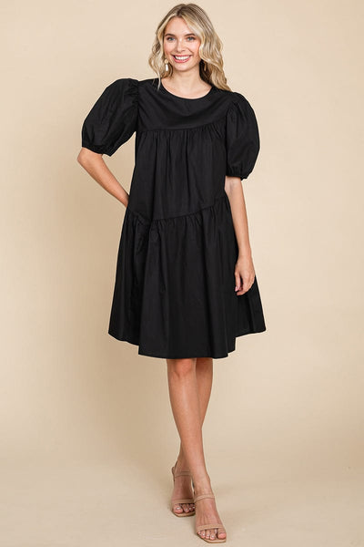 Poplin Puff Sleeve Tiered Cotton Dress