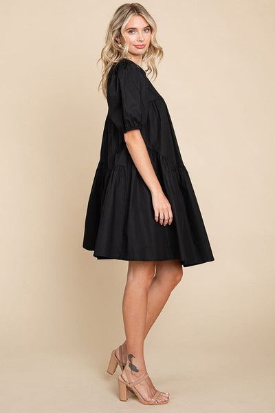 Poplin Puff Sleeve Tiered Cotton Dress