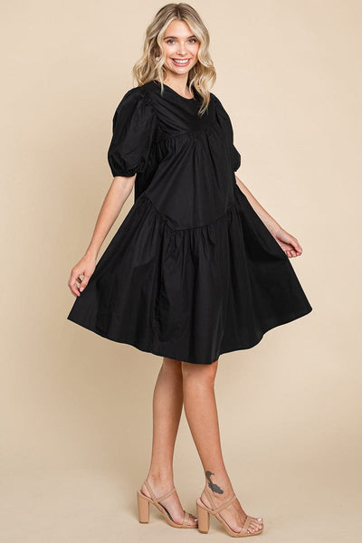 Poplin Puff Sleeve Tiered Cotton Dress
