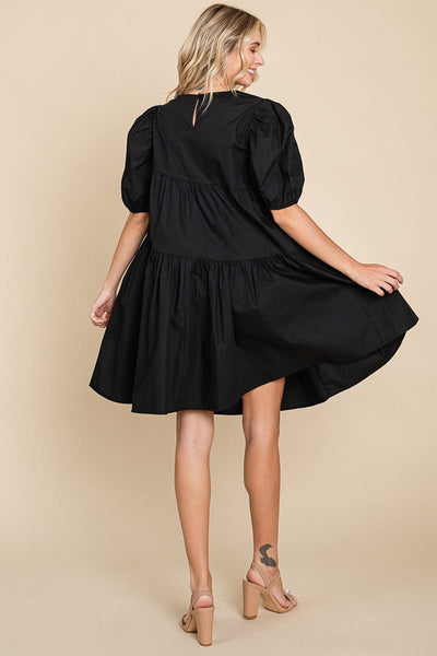 Poplin Puff Sleeve Tiered Cotton Dress