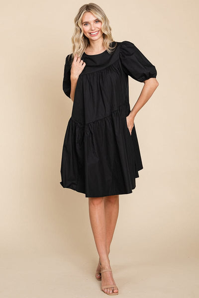 Poplin Puff Sleeve Tiered Cotton Dress