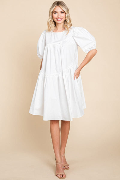 Poplin Puff Sleeve Tiered Cotton Dress