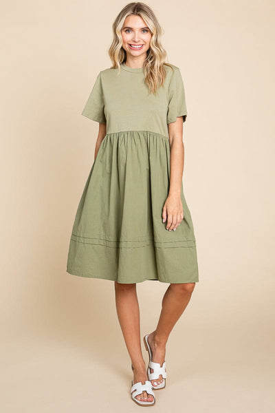 Tiered Short Sleeve Cotton Pleated T shirt Dress
