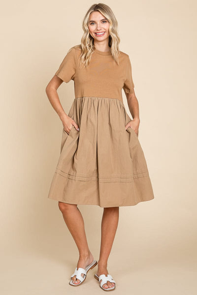 Tiered Short Sleeve Cotton Pleated T shirt Dress
