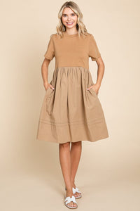 Tiered Short Sleeve Cotton Pleated T shirt Dress
