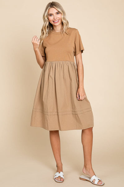 Tiered Short Sleeve Cotton Pleated T shirt Dress