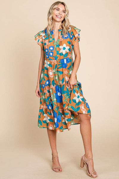 Floral V Neck Ruffle Tiered Midi Cotton Dress, S-3X