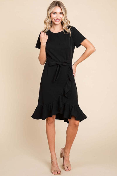 Short Sleeve Ruffled Tulip Hem Tie Belt Dress
