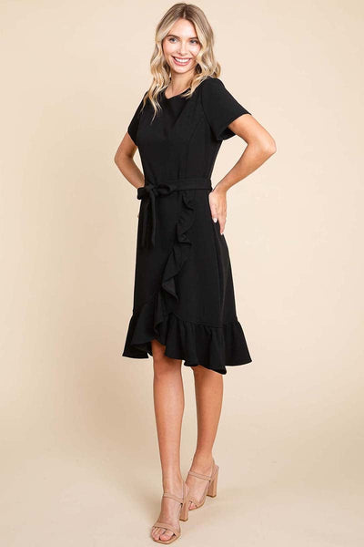 Short Sleeve Ruffled Tulip Hem Tie Belt Dress