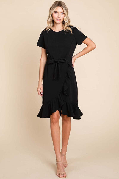 Short Sleeve Ruffled Tulip Hem Tie Belt Dress