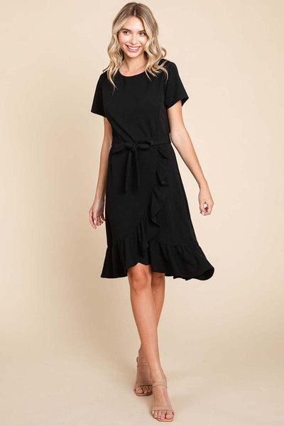 Short Sleeve Ruffled Tulip Hem Tie Belt Dress