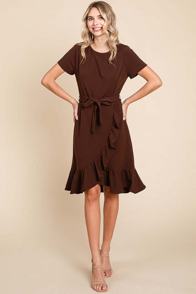Short Sleeve Ruffled Tulip Hem Tie Belt Dress