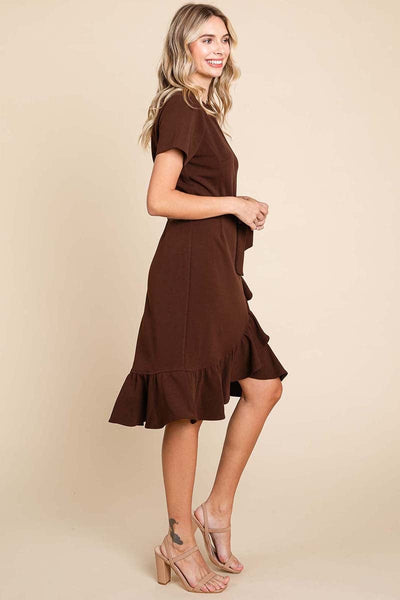 Short Sleeve Ruffled Tulip Hem Tie Belt Dress