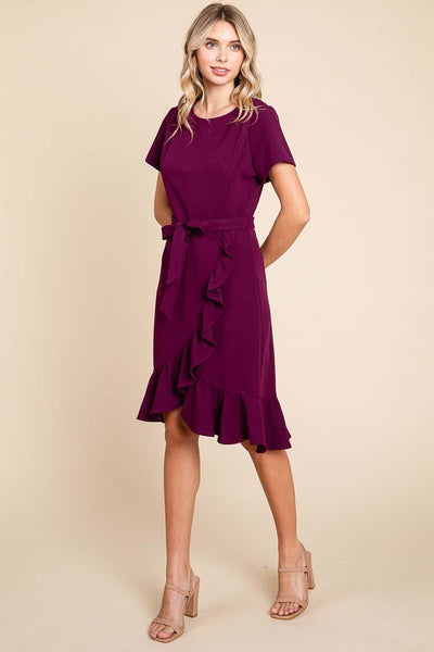Short Sleeve Ruffled Tulip Hem Tie Belt Dress