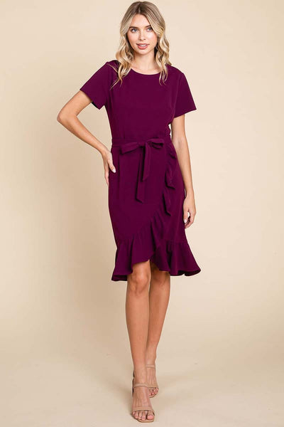 Short Sleeve Ruffled Tulip Hem Tie Belt Dress
