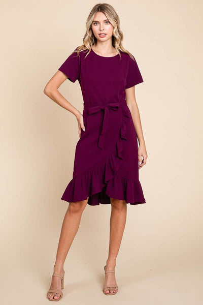 Short Sleeve Ruffled Tulip Hem Tie Belt Dress