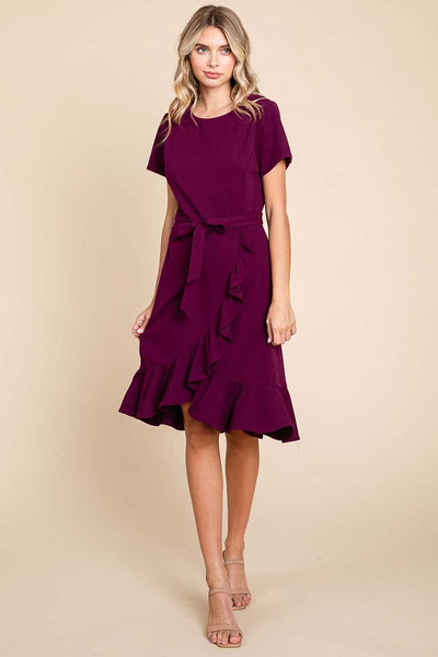 Short Sleeve Ruffled Tulip Hem Tie Belt Dress