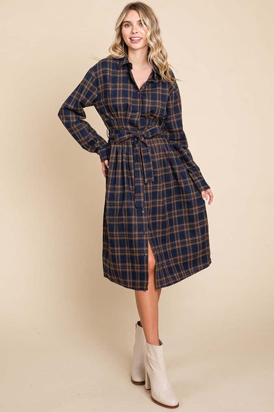 Long Sleeve Plaid Belted Flannel Shirt Dress
