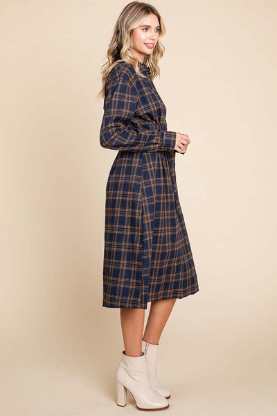 Long Sleeve Plaid Belted Flannel Shirt Dress