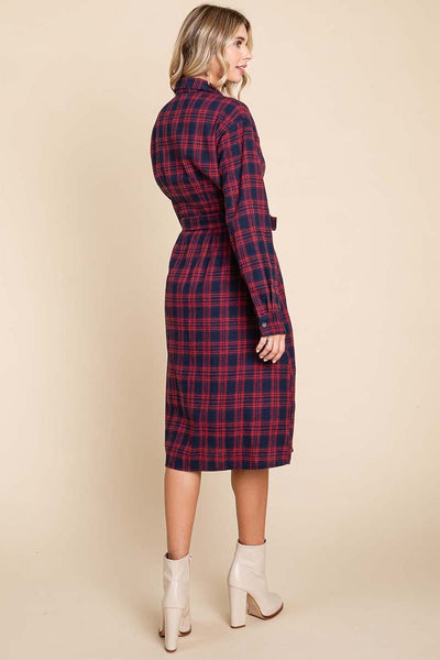 Long Sleeve Plaid Belted Flannel Shirt Dress