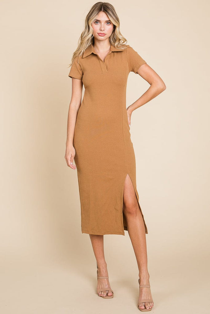collared ribbed bodycon dress ASOS DESIGN ribbed bodycon collared mini dress with long sleeve in caramel ochre