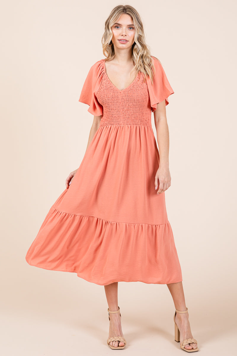 Smocked V Neck Flutter Sleeve Tiered Midi Dress – RolyPoly Apparel