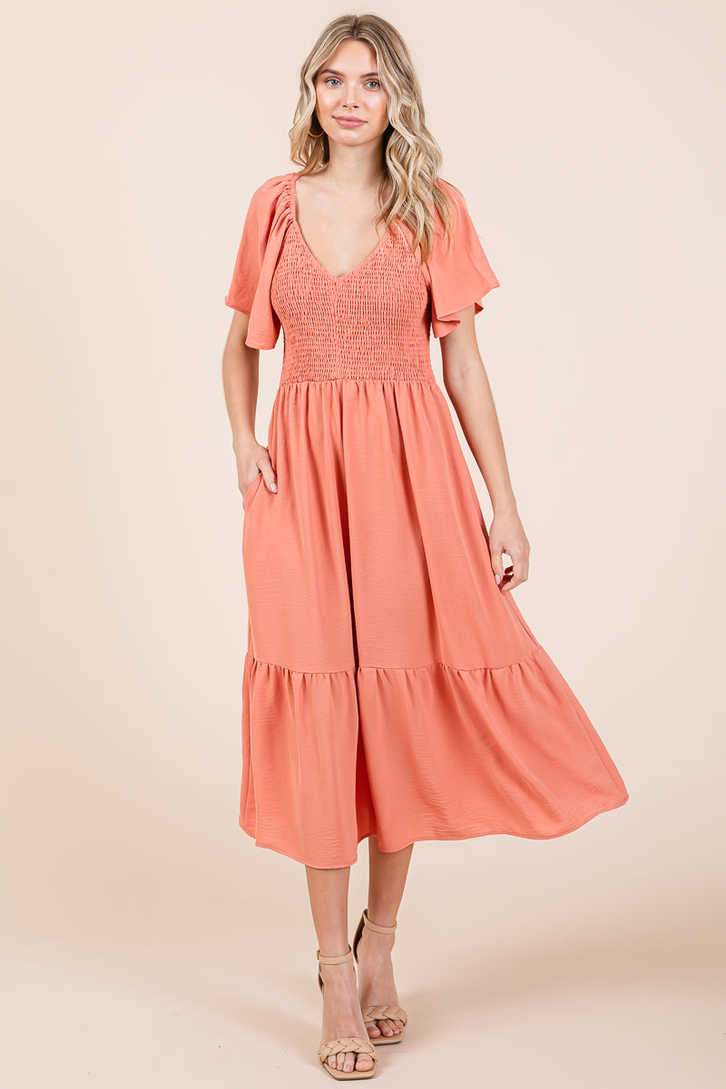 Smocked Back Knotted Flutter Sleeve Dress