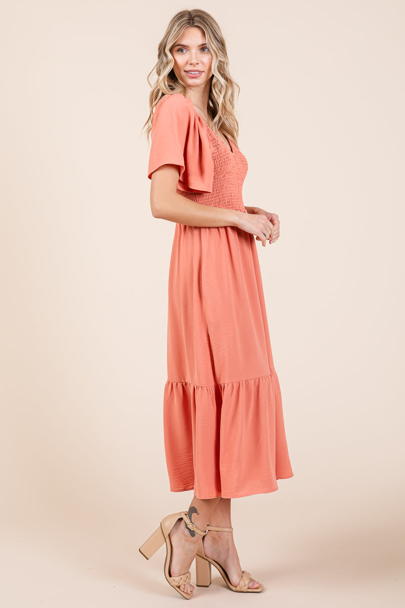 Black V Neck Flutter Sleeve Smocked Bodice High Waist Ruffle Maxi Dress