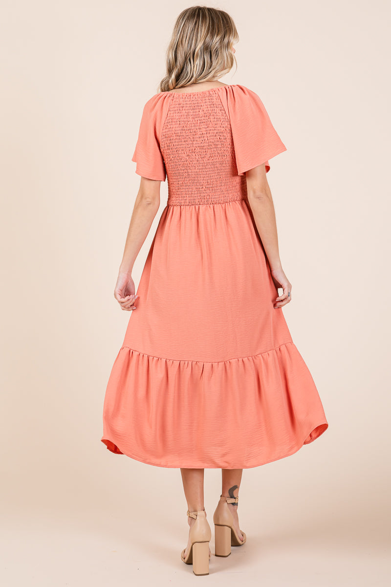 Fiery Red V Neck Flutter Sleeve Smocked Bodice High Waist Ruffle Maxi Dress