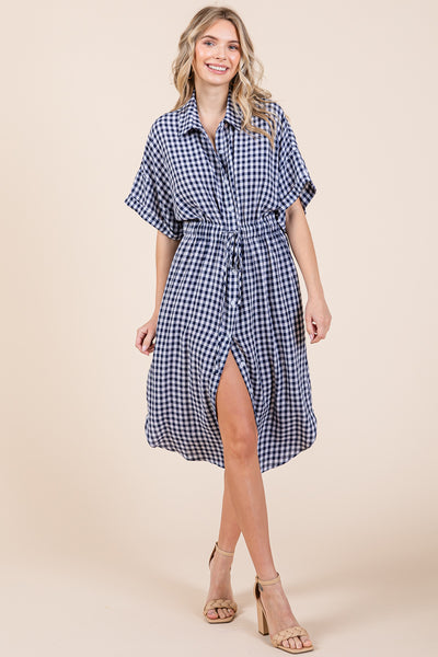 Plaid Short Sleeve Waist Tie Collared Shirt Dress