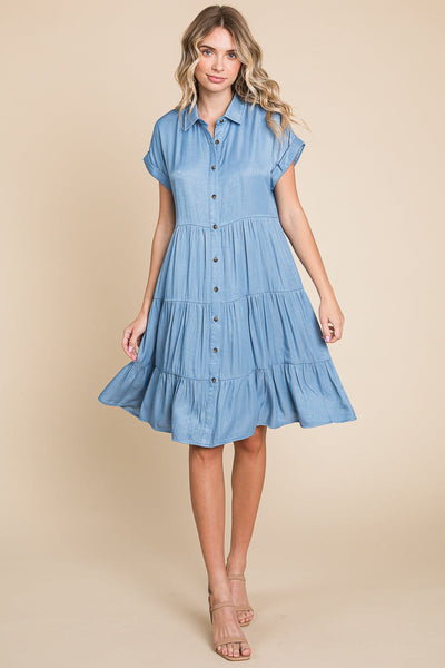 Chambray Button Down Collared Tiered Shirt Dress