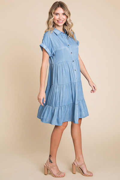 Chambray Button Down Collared Tiered Shirt Dress