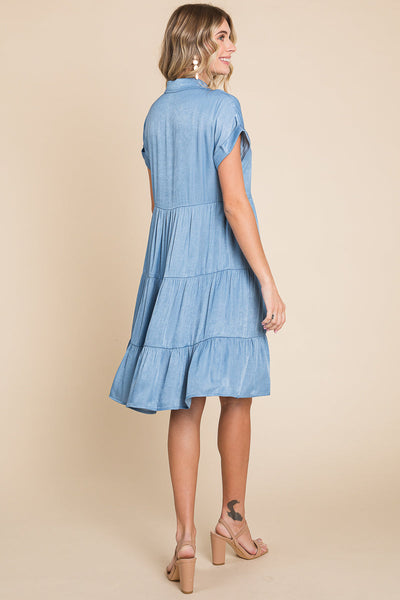 Chambray Button Down Collared Tiered Shirt Dress