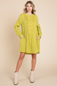 Long Sleeve Double Gauze Henley Tunic Cotton Dress