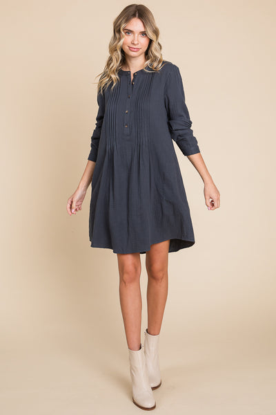 Long Sleeve Double Gauze Henley Tunic Cotton Dress