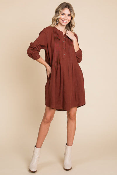 Long Sleeve Double Gauze Henley Tunic Cotton Dress