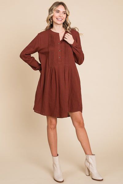 Long Sleeve Double Gauze Henley Tunic Cotton Dress