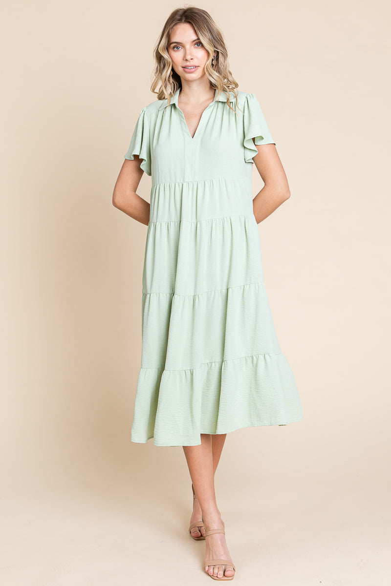 tiered babydoll midi dress Tiered Tie-Front Midi Babydoll Dress