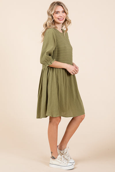 Double Gauze Peasant Sleeve Pintucked Boho Dress