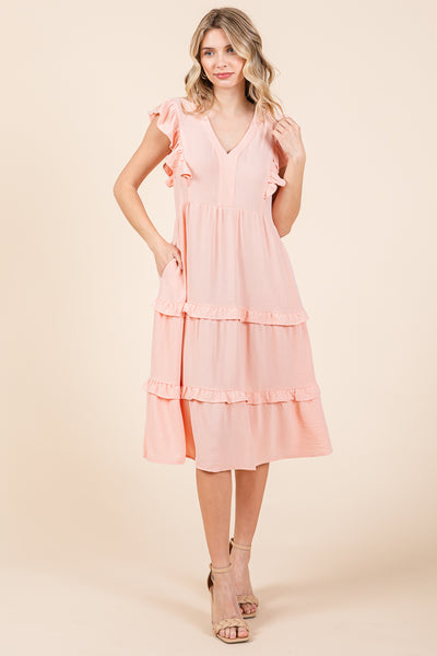 Ruffled Cap Sleeve Tiered V neck Midi dress