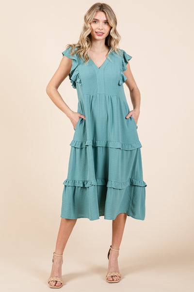 Ruffled Cap Sleeve Tiered V neck Midi dress