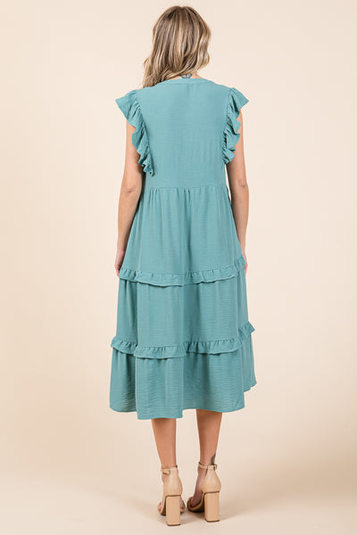 Ruffled Cap Sleeve Tiered V neck Midi dress