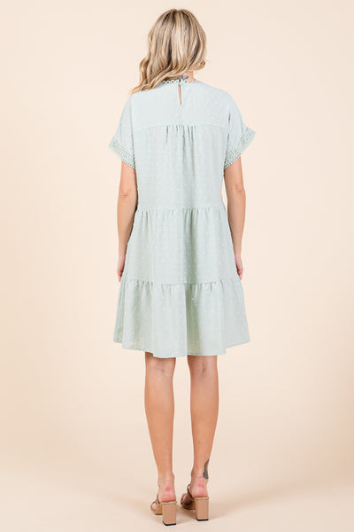 Lace Front Swiss Dot Ruffle Tiered Swing Dress